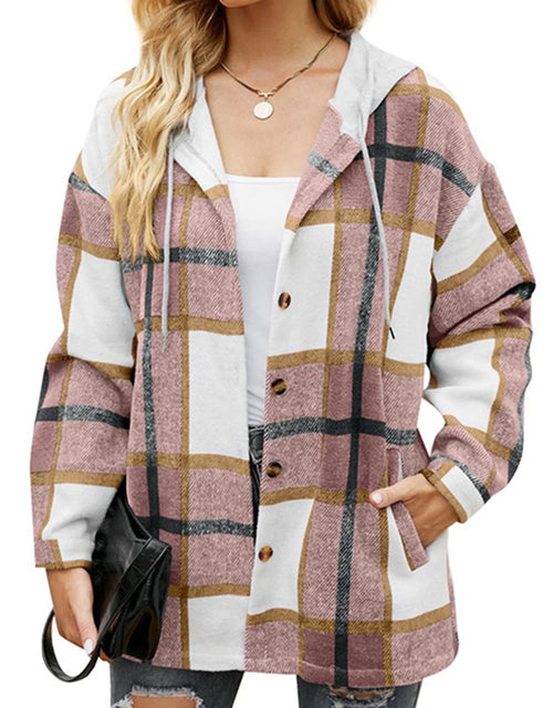 Load image into Gallery viewer, Flannel Shirts for Women Button down Plaid Shirt Hooded Shacket Jacket with Pocket
