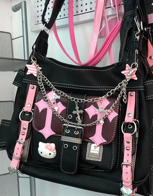 Load image into Gallery viewer, Hello Kitty Sanrio Gothic Punk Vintage Pink Cross Chains Crossbody Bags for Women Toys Hot Girl Handbag Y2K Trend Tote Bag
