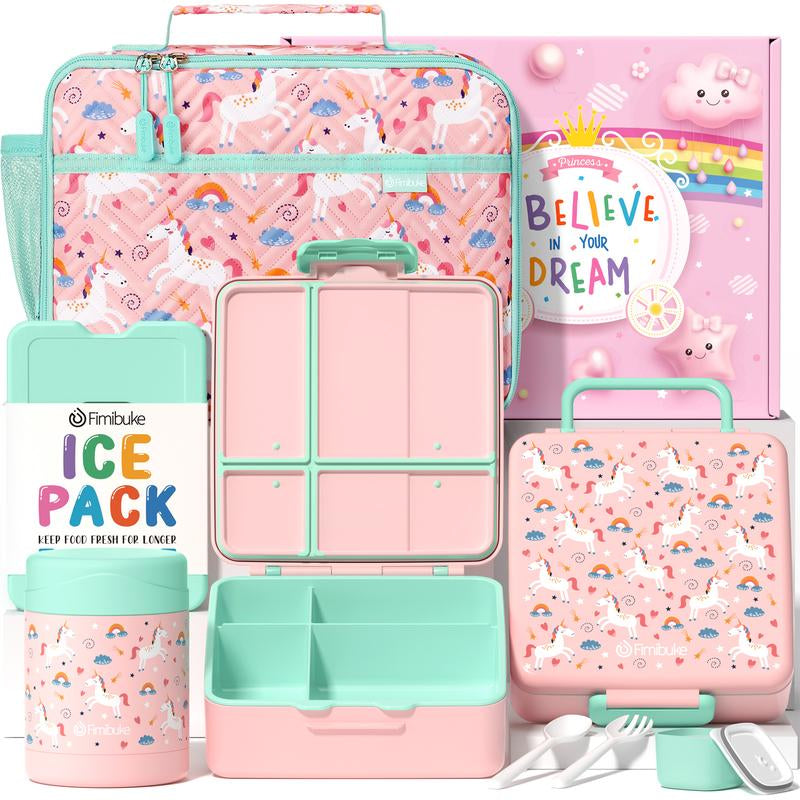 Fimibuke Bento Snack Lunch Box with 4 Compartment, Insulated Bag, Stainless Steel Vacuum Thermos Food Jar, Ice Pack, Utensils Set, Birthday Gift for Back to School Girl & Boy Adult