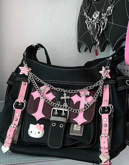 Load image into Gallery viewer, Hello Kitty Sanrio Gothic Punk Vintage Pink Cross Chains Crossbody Bags for Women Toys Hot Girl Handbag Y2K Trend Tote Bag
