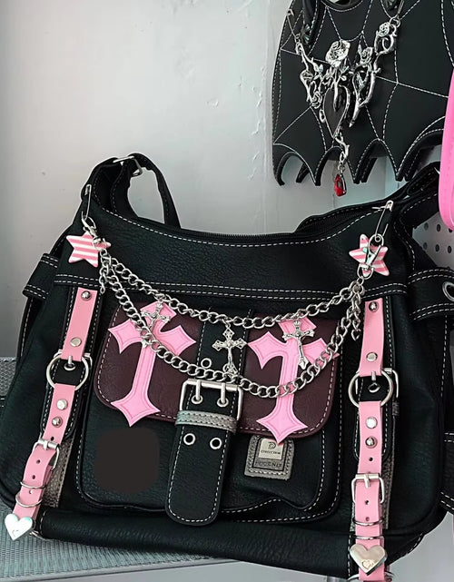 Load image into Gallery viewer, Hello Kitty Sanrio Gothic Punk Vintage Pink Cross Chains Crossbody Bags for Women Toys Hot Girl Handbag Y2K Trend Tote Bag
