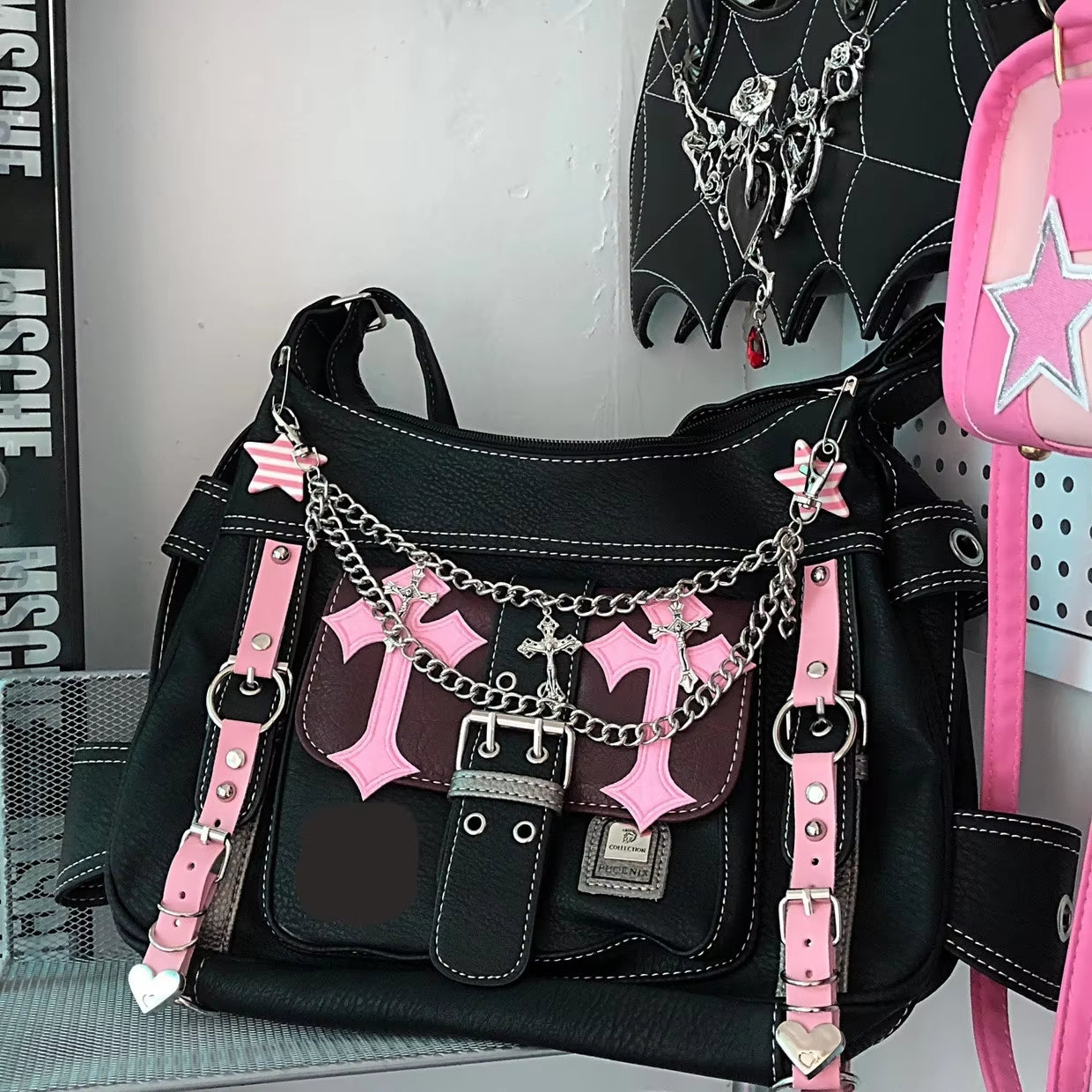 Hello Kitty Sanrio Gothic Punk Vintage Pink Cross Chains Crossbody Bags for Women Toys Hot Girl Handbag Y2K Trend Tote Bag